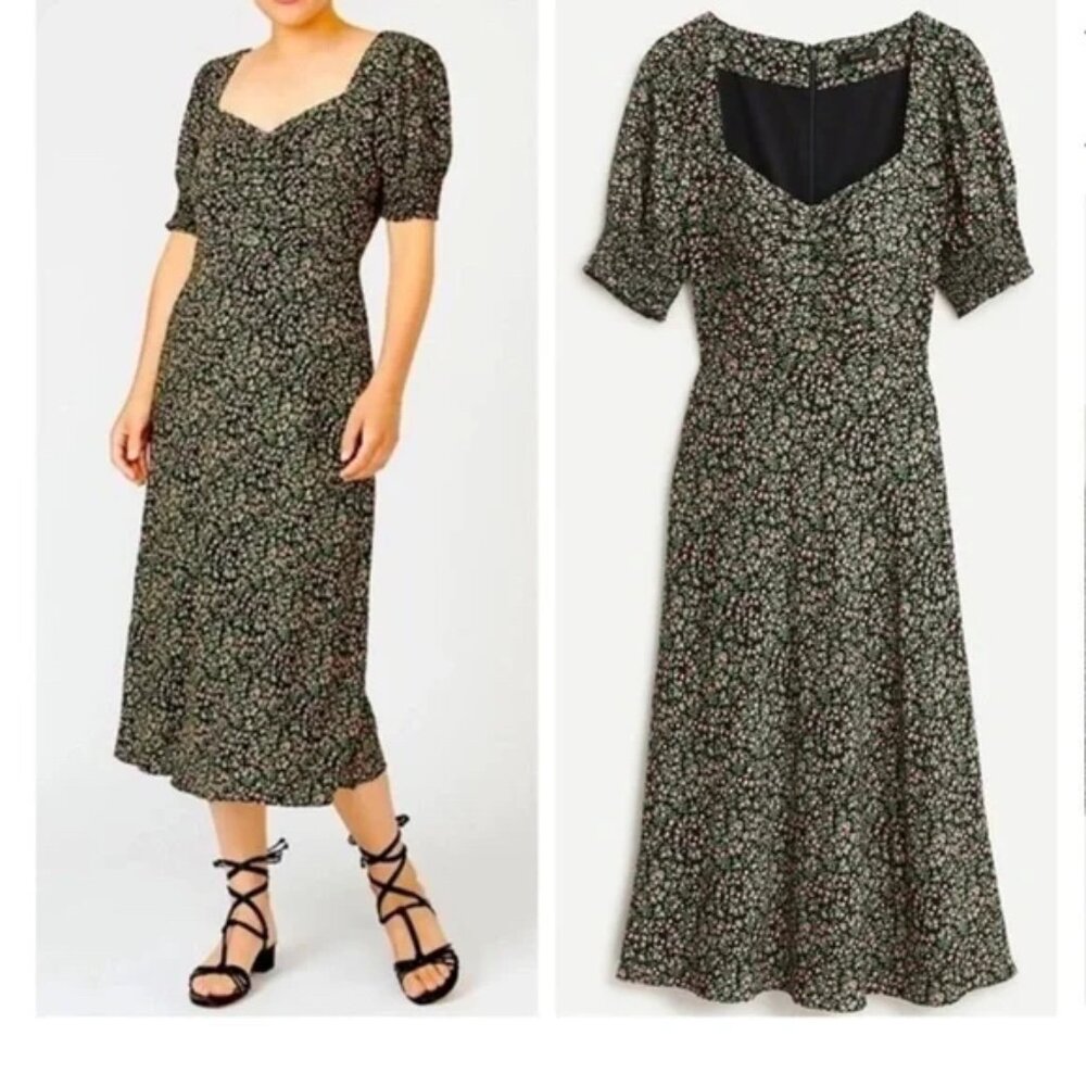 J. Crew Smocked Sleeve Midi Dress in Black Ditsy Pink Floral